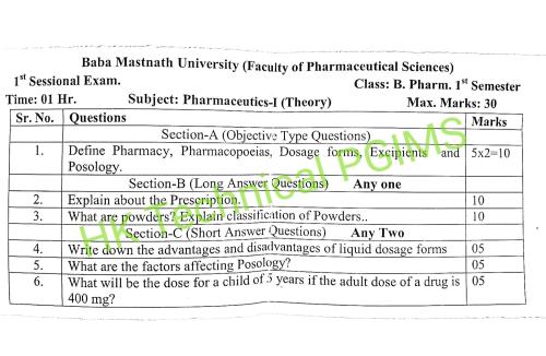 BMU 1st se. BP103T Pharmaceutics I 1st Semester B.Pharmacy Previous Year's Question Paper,BP103T Pharmaceutics-I,BPharmacy,Previous Year's Question Papers,BPharm 1st Semester,